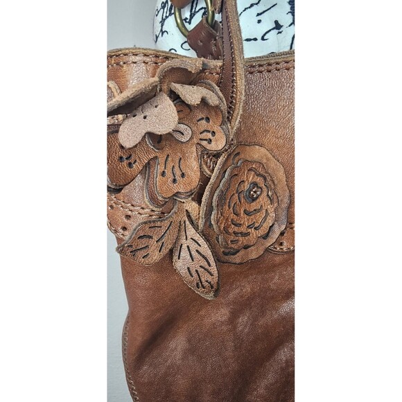 Lucky Brand Handbag Brown Italian Leather Boho Floral Applique Shoulder Bag Rare - Picture 5 of 16